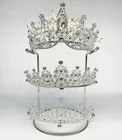 Crown Display 【Electroplating Metal Luster】 Crown Holder Tiara Display 3-Tier Sliver Bridal Crown Display Stand Crown Storage Organizer Jewelry Holder for Women Girls Wedding Home Shop Store