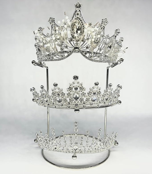Crown Display 【Electroplating Metal Luster】 Crown Holder Tiara Display 3-Tier Sliver Bridal Crown Display Stand Crown Storage Organizer Jewelry Holder for Women Girls Wedding Home Shop Store