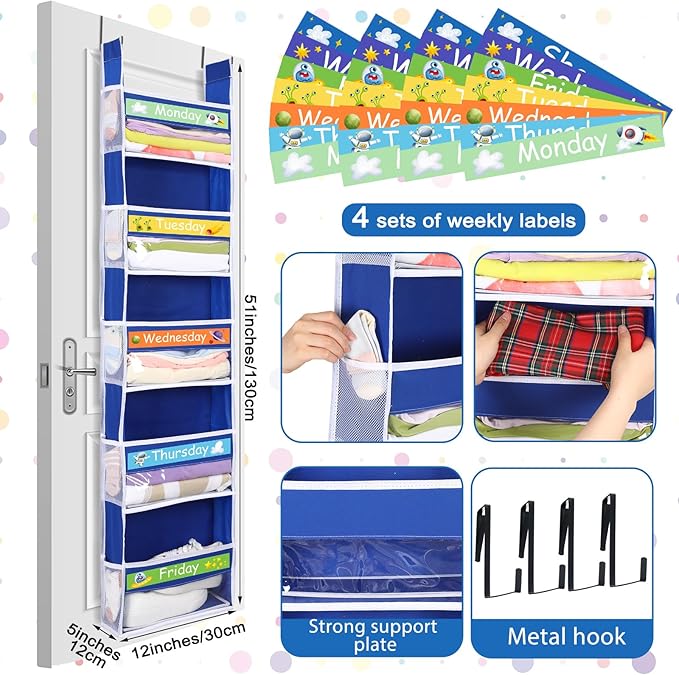 2 Pack 5 Shelf Weekly Clothes Organizer for Kids Over the Door Hanging Storage Monday through Friday Heavy Duty Clothes Organization for Bathroom Nursery Bathroom Kitchen(Blue)