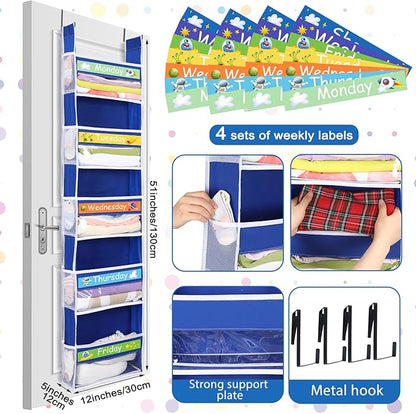 2 Pack 5 Shelf Weekly Clothes Organizer for Kids Over the Door Hanging Storage Monday through Friday Heavy Duty Clothes Organization for Bathroom Nursery Bathroom Kitchen(Blue)