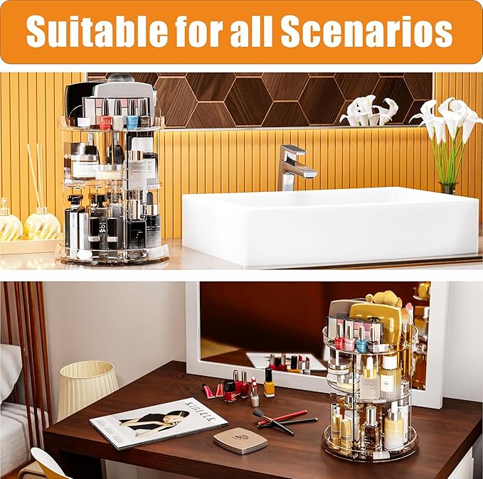 Yieach 360 Rotating Makeup Organizer for Vanity,Bathroom counter,Adjustable Spinning Skincare Organizers,Cosmetic Display Cases and Makeup Holder for Palette,Eyeshadow,Brush,Perfume Organizer,Clear