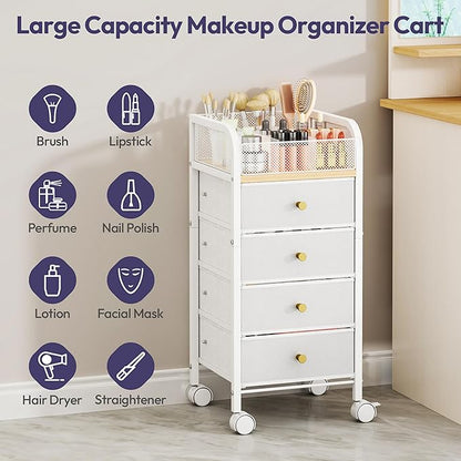 SWTYMIKI Rolling Makeup Organizer Cart - Under Desk Vanity Makeup Storage with 4 Non-woven Drawers, Nail Cart Organizer Cosmetic Display Cases Cabinet for Skin Care Perfume Nail Polish Brush Hair Tool