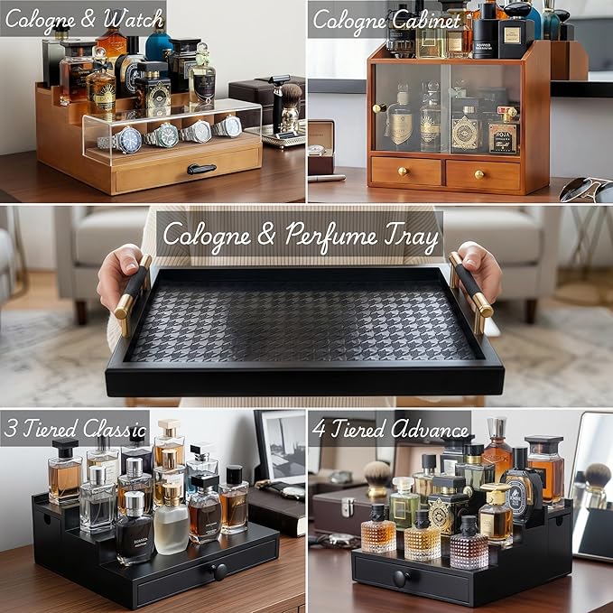 Cologne and Watch Organizer Walnut Brown – Wooden Perfume Display Stand with Jewelry Storage Drawer, Velvet Lining, Hidden Compartment – Large Cologne Holder – Gift Box Included