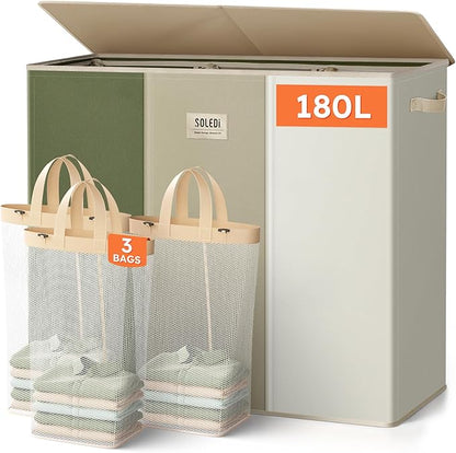 SOLEDI 180L 3-Section Laundry Hamper with Lid, Extra Large Dirty Clothes Basket with Sturdy Handles for Laundry Room & Bedroom - Durable Organizer for Sorting Laundry