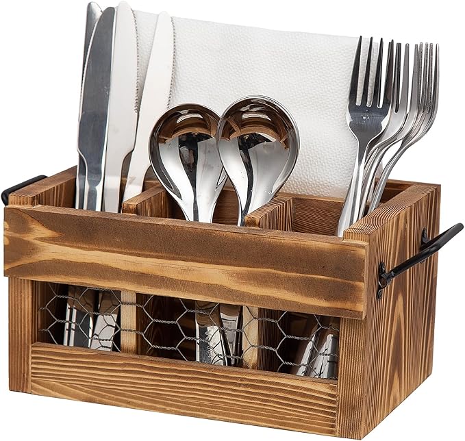 Rustic Weathered Brown Wood Utensil & Napkin Holder Black Metal Handles Chicken Wire Front Panel Kitchenware and Tableware Organizer Wooden Cutlery Storage Caddy Kitchen Dining Room Fork Spoon