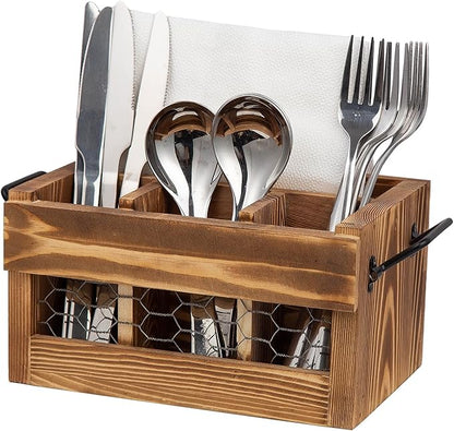 Rustic Weathered Brown Wood Utensil & Napkin Holder Black Metal Handles Chicken Wire Front Panel Kitchenware and Tableware Organizer Wooden Cutlery Storage Caddy Kitchen Dining Room Fork Spoon