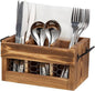 Rustic Weathered Brown Wood Utensil & Napkin Holder Black Metal Handles Chicken Wire Front Panel Kitchenware and Tableware Organizer Wooden Cutlery Storage Caddy Kitchen Dining Room Fork Spoon