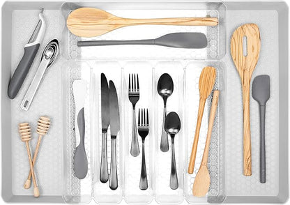 Spectrum Diversified Hexa Expandable Divided Drawer Organizer Tray Modern Kitchen Cutlery, Utensil, Silverware Holder, Cabinet Storage, 13 x 16, Clear Frost/Stone Gray (Pack of 2)