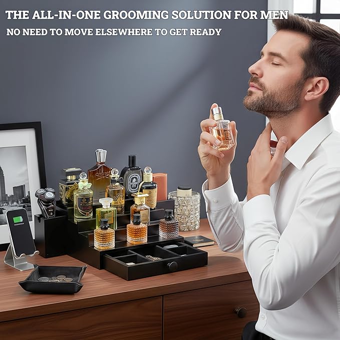 Wooden Cologne Organizer for Men 4 Tier | Black Perfume Holder Shelf for Dresser | High Grade Velvet Lining and Stylish Gift Box | Uncluttered Design Perfume Display Stand