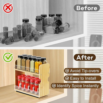 2 Tier Pull Out Spice Rack Organizer, Bamboo Sliding Spice Rack for Kitchen Cabinet, (4.4" W x 10.6" D x 10.4" H) Spice Storage, Pantry Organization