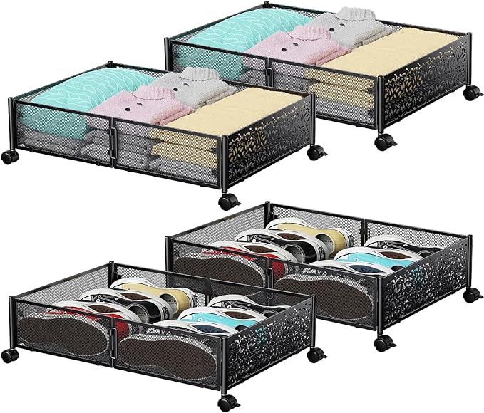PHINOX Under Bed Storage, Under the Bed Storage Containers with Wheels, Under Bed Shoe Storage Organizer Drawer for Bedroom Clothes Shoes Blankets -4Pack