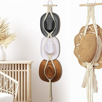 Yulejo Macrame Hat Hangers Racks Boho Cowboy Hats Holders Western Display Organizer Storage decor Back of Door for Wall (White,Three Hats Style)