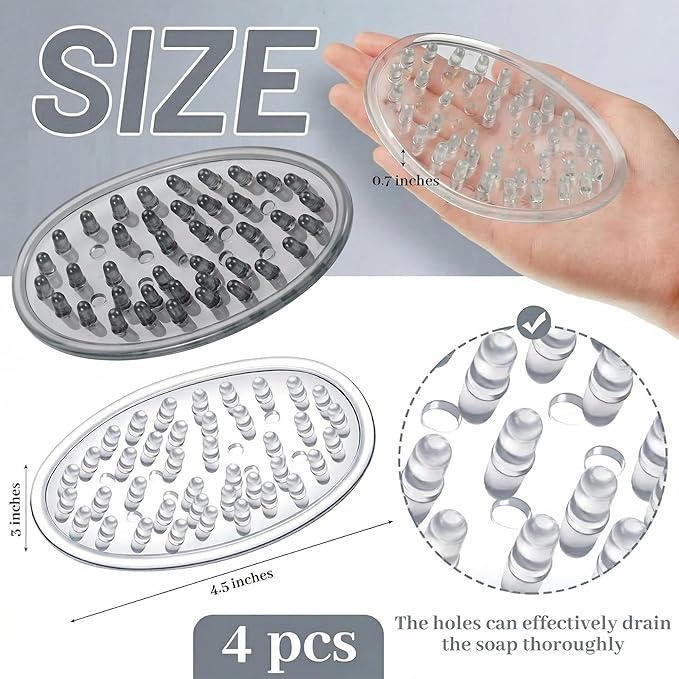 4 Pcs Plastic Soap Holder Soap Dish Bar Saver Tray with Holes Sponge Holder for Kitchen Bathroom Shower Counter, 4.5 x 3 x 0.7 Inches (Clear,Light Gray)