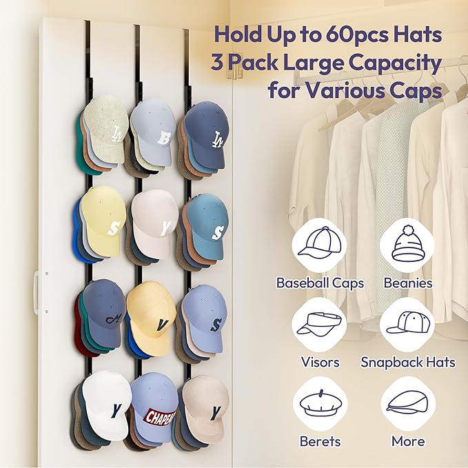 SWTYMIKI Over Door Hat Rack - 3 Packs Metal Hanging Hat Organizer with 12 Hooks Design, Baseball Cap Hanger Organizer Storage Holds up to 60 Caps for Door, Bedroom, Closet