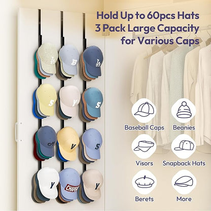 SWTYMIKI Over Door Hat Rack - 3 Packs Metal Hanging Hat Organizer with 12 Hooks Design, Baseball Cap Hanger Organizer Storage Holds up to 60 Caps for Door, Bedroom, Closet