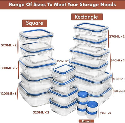 Razab 35 Pc Set Glass Food Storage Containers with Lids - Meal Prep Airtight Bento Boxes BPA-Free 100% Leak Proof (15 lids,15 glass & 5 Plastic Sauce/Dip Containers)