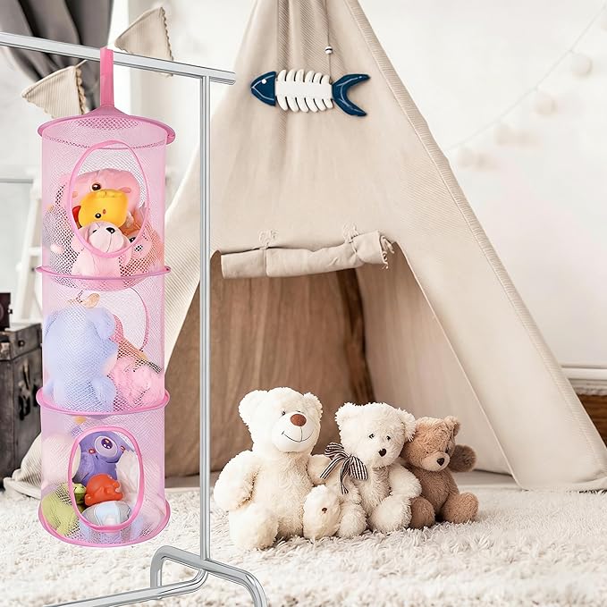 ChezMax Hanging Mesh Stuffed Animal Storage - 3 Tiers 3 Pack Large Stuffed Animal Net Organizer, Foldable Space Saver Bags Plushie Basket Organization Holder Room Bedroom Playroom Yellow Blue Pink