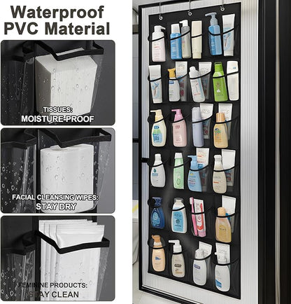 Over the Door Shoe Organizer - Space Saving Shoe Rack for Closet Door with 24 Crystal Clear Pockets and Metal Hooks, Shoe Holder Back of Door Organizers for Shoes, Hanging Shoe Organizer (Black)