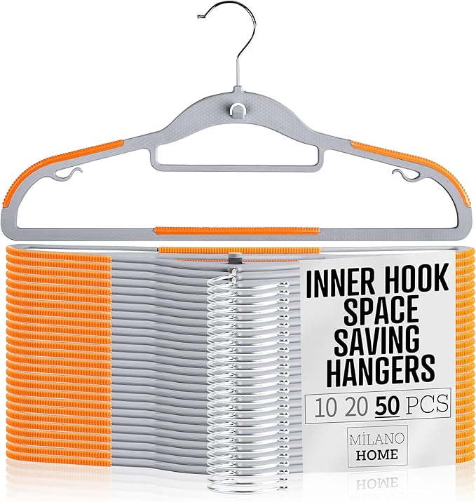 Plastic Hangers 50 Pack, Cascading Slim Space Saving Clothing Hangers with 360° Rotating Hook, Non Slip Clothes Hangers for Sweater Shirt, Heavy Duty Coat Hanger with Inner Hook for Closet, Grey