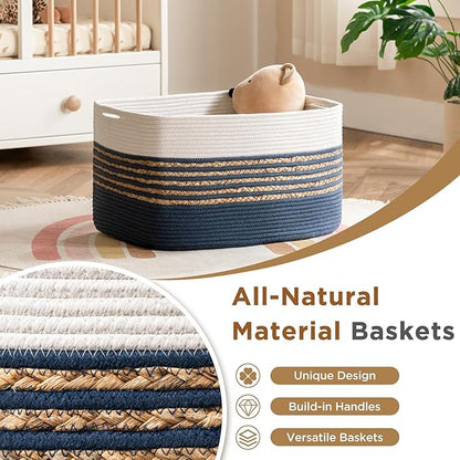 UBBCARE Blanket Basket, Large Rectangle Woven Storage Basket With Handles, Cotton Rope Toy Basket for Living Room, Nursery Baskets for Organizing, 22''L×17''W×12''H, Navy Blue