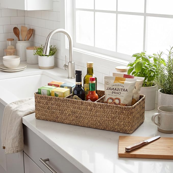 StorageWorks Toilet Paper Baskets for Shelves, 3-Section Large Wicker Baskets Storage, Seagrass Back of Toilet Basket for Organizing Tank Topper, Living Room, Table Decor, 2 Pack