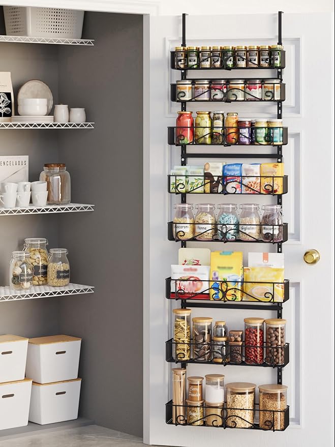 Over the Door Pantry Organizer, 8-Tier Adjustable Metal Hanging Storage Rack, Heavy Duty Door Mount Organizer for Kitchen Pantry Laundry Room Bathroom, Black