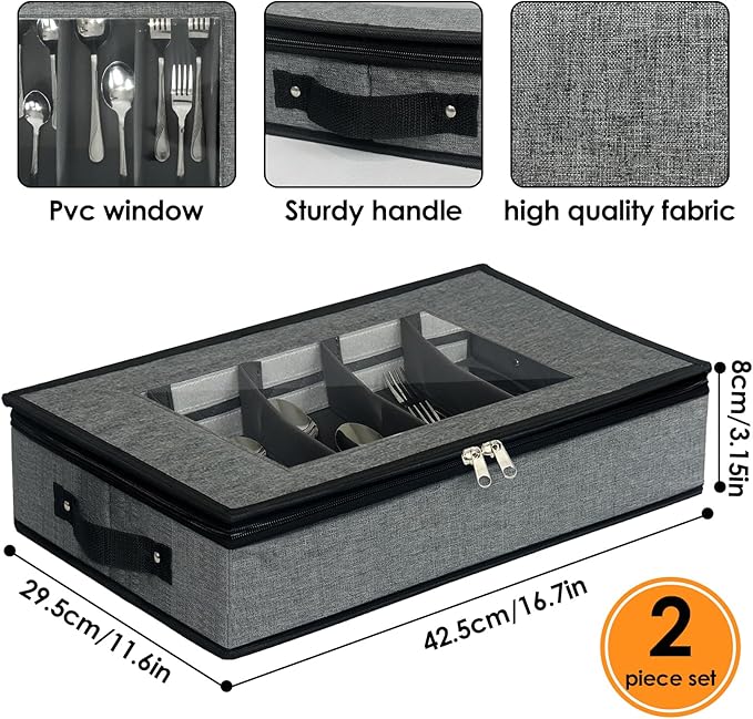 2 Pack Flatware Utensil Storage - Sturdy Silverware Storage Box with Dividers, 5 Compartment Flatware Storage Case with Handles and Removable Lid for Moving&Protected(Dark Gray)