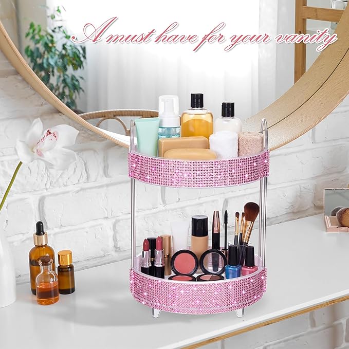 Honeydak 360 Rotating Perfume Organizer for Mother Day Nurse Day Rhinestone Bathroom Counter Organizer Makeup Holder Skincare and Perfume Storage for Cosmetic Countertop(2 Tiers,Resin Stone,Pink)
