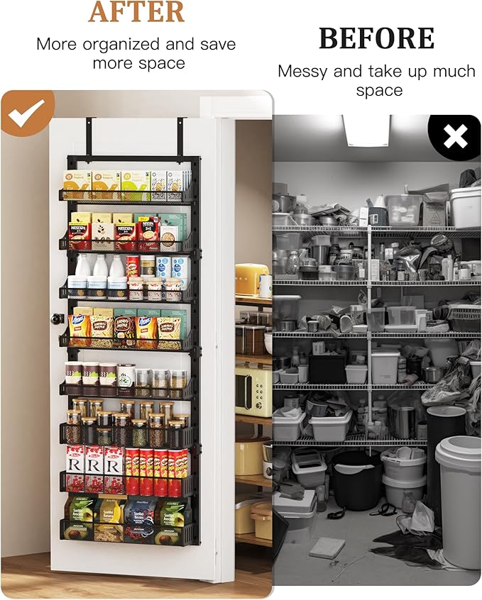 POKIPO 8-Tier Over the Door Pantry Organizer, Large Metal Door Spice Rack with Adjustable Basket, 2 in 1 Wall Mount or Hanging Heavy-Duty Pantry Door Storage Shelf for Kitchen and Bathroom, Black