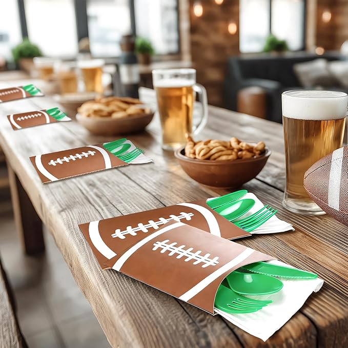 Tinlade 24 Pcs Football Utensil Holder Paper Silverware Sleeves, 3.54 x 5.12 Inch Disposable Cutlery Holders, Utensil Bags for Football Party Supplies, Sports Event, Birthday, Kitchen Decorations