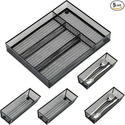 Neudeco Drawer Organizer Set 5 Pack - 4-Compartment Silverware Organizer Tray + 4 Utensil Trays, Kitchen Drawer Organizer for Flatware, Cutlery, Office Supplies, Black Mesh, Non-Slip.