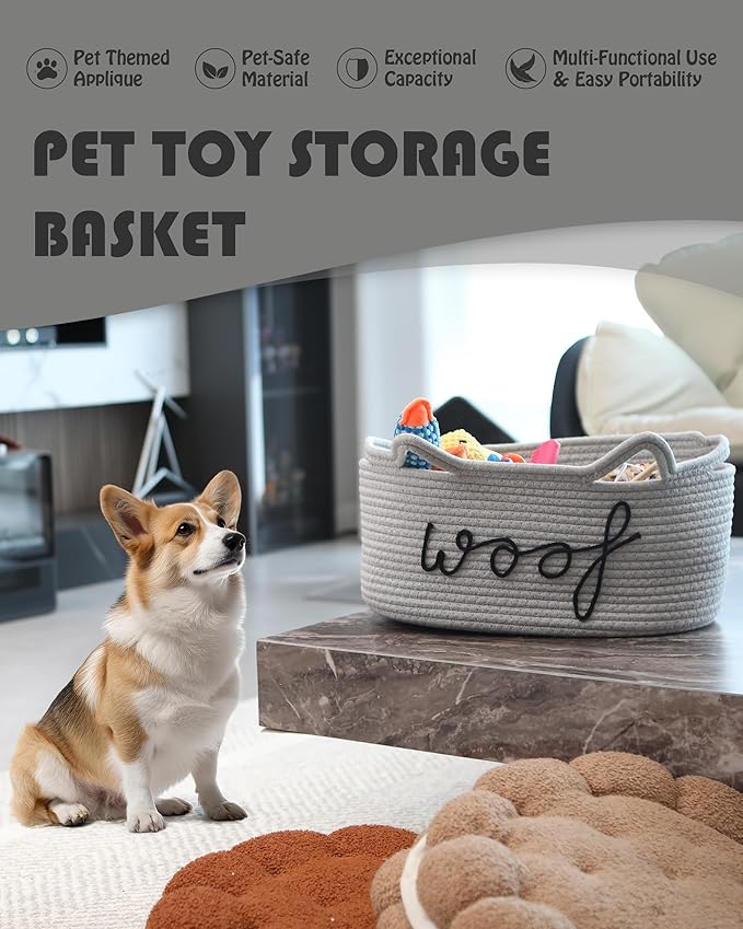 Sea Team Dog Toy Basket with Handles, 16.5 x 11 x 7 Inches, 4.4 Gallons Large Cotton Rope Storage Bin, Box, Shelf Organizer for Pet Chew Toys, Foods, Grey Woof