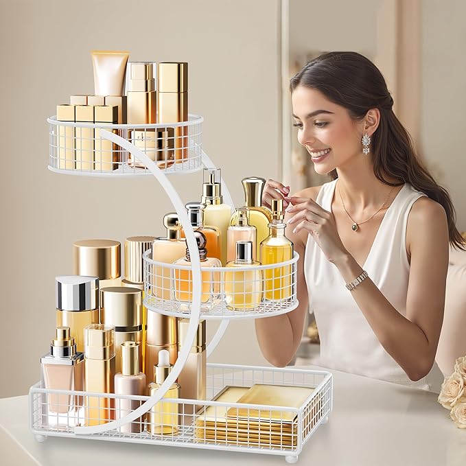 HBlife Makeup Organizer for Vanity, 3 Tier Metal Bathroom Countertop Organizers Skin Care Storage, Bathroom Counter Shelf Skincare Holder Perfume Cosmetic Display, White