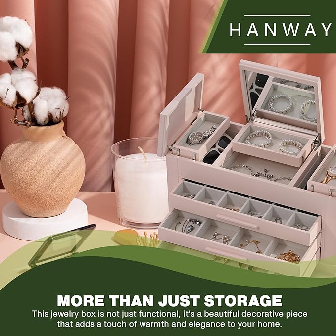 Hanway 4 Layers Wooden Jewelry Box Organizer for Women, with multiple compartments, featuring interior mirror & tray for necklaces, earrings, bracelets, glasses, and rings (Pink)