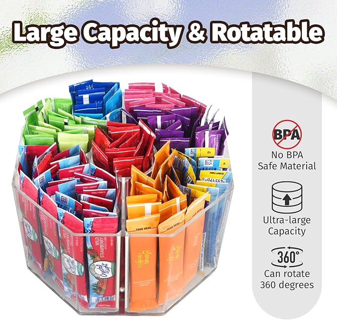 Drink Packet Organizer For Powdered Drink Mix,Powder Packet,Water Packet,Water Flavor Packet, Lazy Susan Organizer for Drink Mix Rotating Holder (Rhombus)
