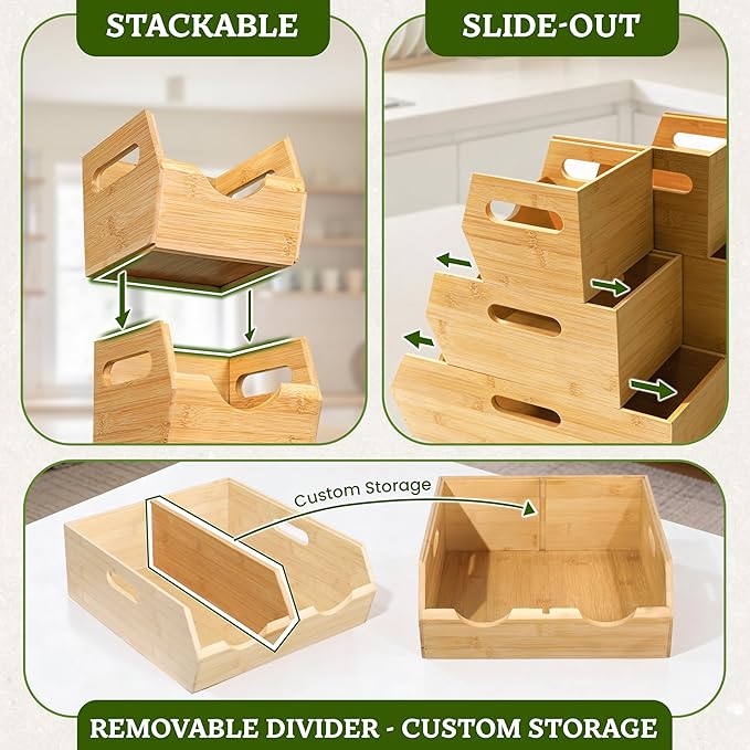 HOMESTEAD 3-Tier Bamboo Pantry Storage Bins – Stackable Potato & Onion Storage Bin with Handles, Fruit Basket & Produce Organizer for Kitchen Countertop, Pantry Organization, Set of 5