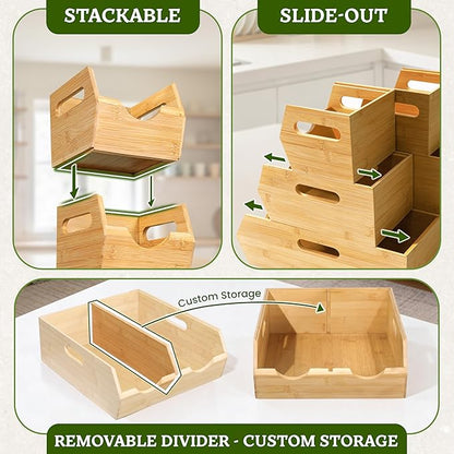HOMESTEAD 3-Tier Bamboo Pantry Storage Bins – Stackable Potato & Onion Storage Bin with Handles, Fruit Basket & Produce Organizer for Kitchen Countertop, Pantry Organization, Set of 5