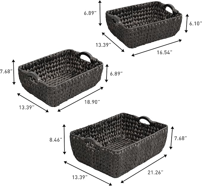 happimess BSK2020C-3SET Astor Bohemian Farmhouse Handwoven Water Hyacinth Nesting Storage Baskets with Wood Handles, Seagrass Containers for Decoration in Living Room, Bedroom, Black (Set of 3)