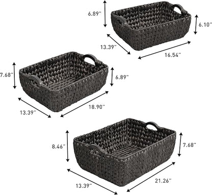 happimess BSK2020C-3SET Astor Bohemian Farmhouse Handwoven Water Hyacinth Nesting Storage Baskets with Wood Handles, Seagrass Containers for Decoration in Living Room, Bedroom, Black (Set of 3)