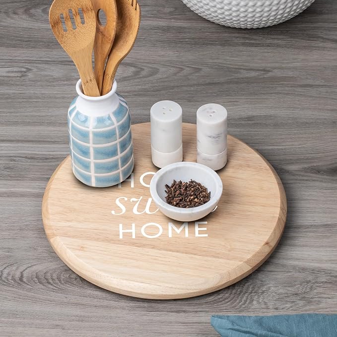 CounterArt Decorative Round Natural Wood Lazy Susan Turntable 14" Diameter Condiment Caddy, Cheese Server, Cake Plate, Spice Organization (Home Sweet Home)