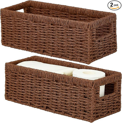 Vagusicc Wicker Storage Basket, Paper Rope Wicker Baskets with Handles, Toilet Paper Basket for Toilet Tank Top, Small Wicke Baskets for Organizing Shelves, 2-Pack, Brown