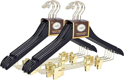 Quality Wooden Skirt Hangers with Clips, 10-Pack Smooth Solid Wood Pants Hangers with Durable Adjustable Metal Clips, Swivel Hook, Coat, Jacket, Blouse Suit Hangers (Black - Gold Hook, 10)