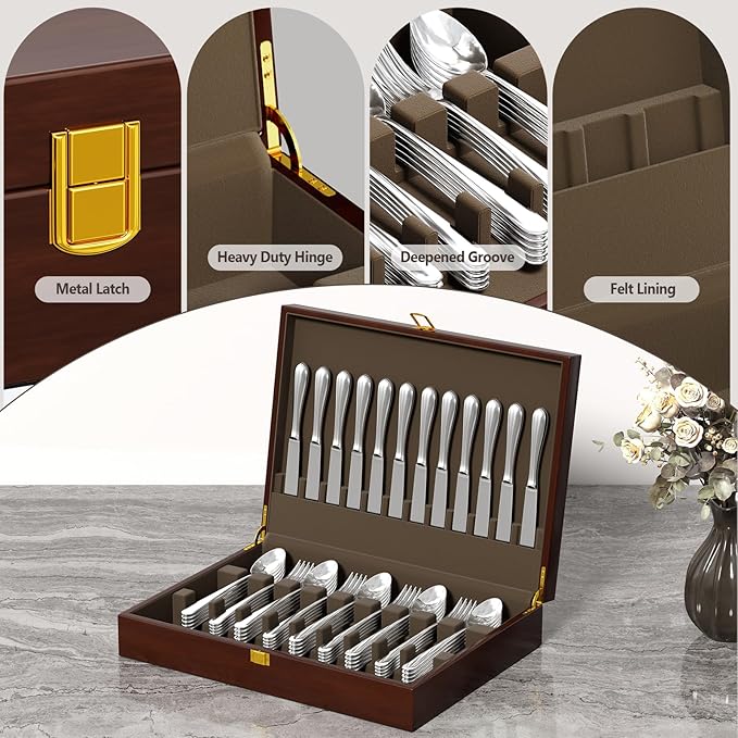 Walnut Wood Silverware Storage Box,Silverware Case Flatware Chest with Felt Lined,Flatware Storage Box for 12 sets of Utensils,Silverware Chest without Silverware,Silverware Organizer with Lid