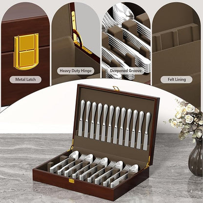 Walnut Wood Silverware Storage Box,Silverware Case Flatware Chest with Felt Lined,Flatware Storage Box for 12 sets of Utensils,Silverware Chest without Silverware,Silverware Organizer with Lid