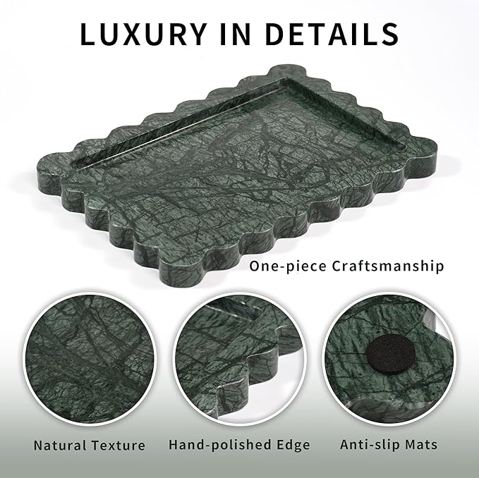 Scalloped Green Marble Tray - Large Home Decorative Stone Vanity Perfume Candle Plates for Bathroom Accessories Coffee Table, Key Dish for Kitchen Countertop Entryway (10.6" x 7.4" x 0.8")
