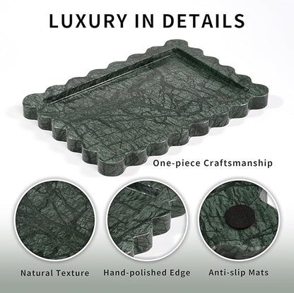 Scalloped Green Marble Tray - Large Home Decorative Stone Vanity Perfume Candle Plates for Bathroom Accessories Coffee Table, Key Dish for Kitchen Countertop Entryway (10.6" x 7.4" x 0.8")