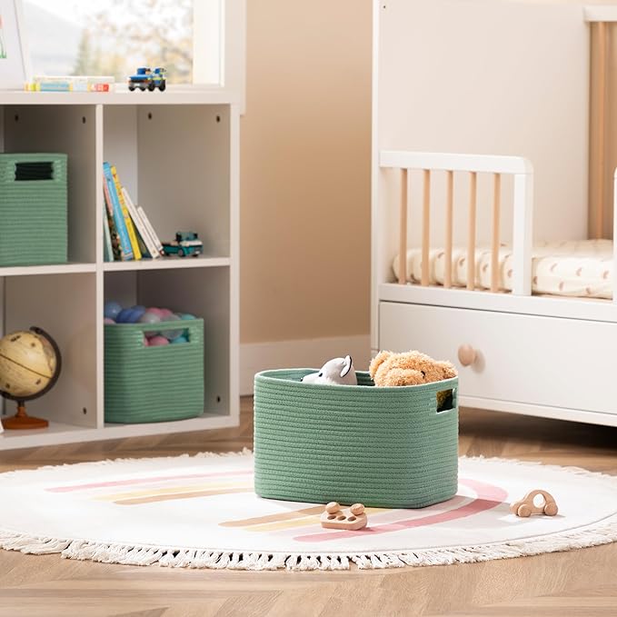 UBBCARE 4 Pack Storage Baskets for Organizing, Shelf Baskets with Handles, Woven Storage Baskets for Bookcase/Cube Shelf/Closet, 14.5"L x 9.8"W x 9"H, Green