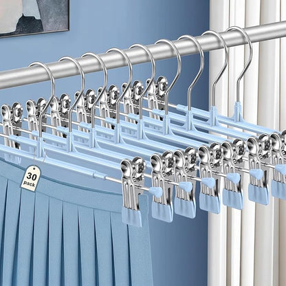 POZEAN Pants Hangers with Clips for Women 30 Pack, 12Inch Adjustable Heavy Duty Skirt Hangers, Space Saving Non-Slip Shorts Jeans Trousers Clothes Hangers, Blue