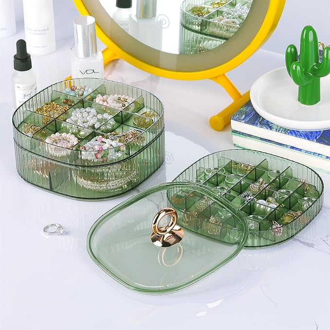 LETURE 3-Layer Acrylic Jewelry Organizer Box for Stud Earrings, Rings, Necklaces, Bracelets, Claw Clip Organizer, Small Bead Storage Containers for Crafts (Green)