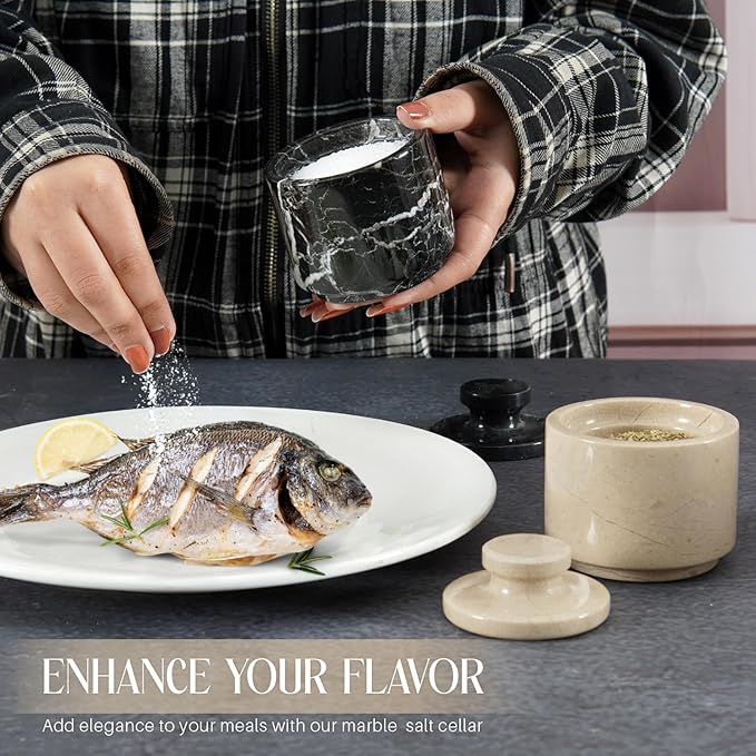 MARBLOUS KRAFTS Marble Salt Cellar 3" Black Zebra and Verona Flaky Salt Bowl & Pepper with Lid, Home Storage and Modern Sugar Containers